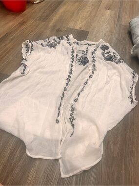 CO White Coverup with Navy Floral Embroidery
